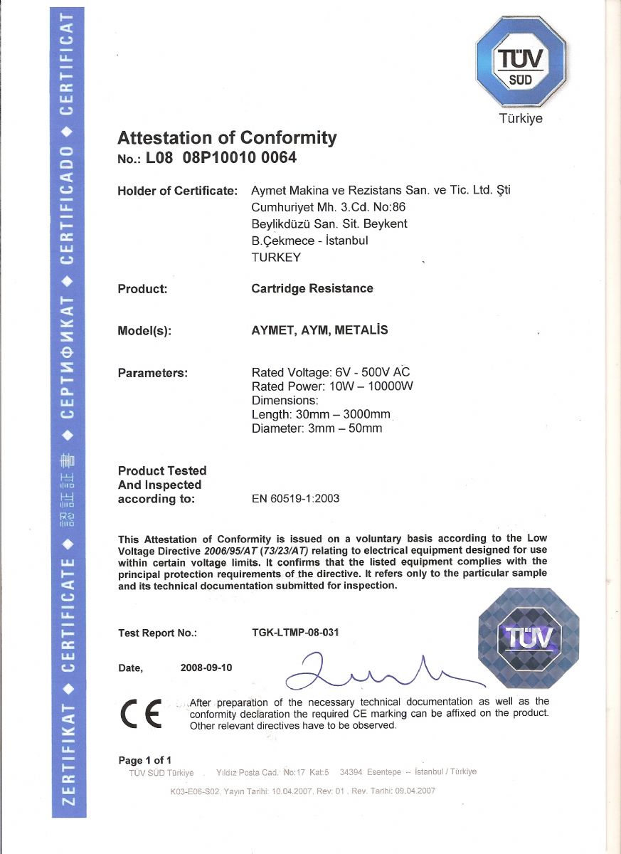 Fi�ek Rezistans T�V Rheinland Belgesi